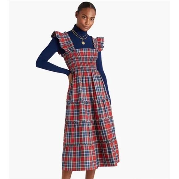 HILL HOUSE Tiered Red Green White Plaid Striped Dress – Medium - Picture 4 of 16